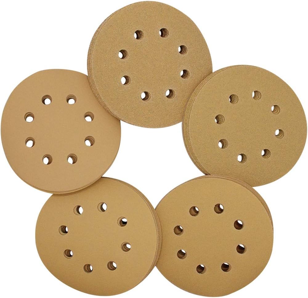 SAND MINE 5-Inch 8-Hole Hook and Loop Sanding Discs, Orbital Sander Sandpaper Discs, 100 Pieces Round Sandpaper Set, Include 60, 80, 120, 150, 220 Grit - - 
