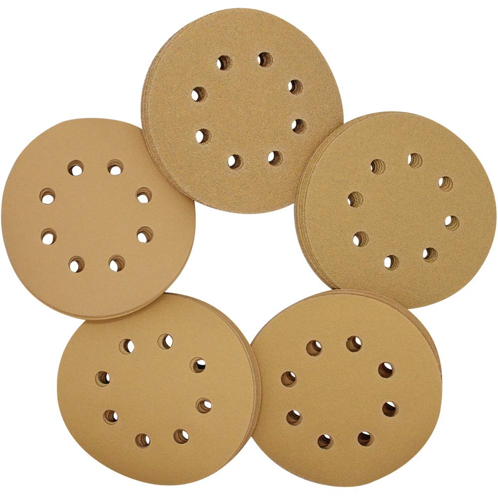 Sand Mine 5-Inch 8-Hole Hook and Loop Sanding Discs, Orbital Sander Sandpaper Discs, 100 Pieces Round Sandpaper Set, Include 60, 80, 120, 150, 220 Grit