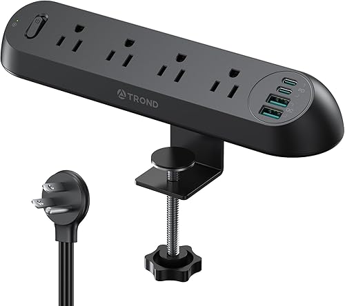 TROND Regleta de alimentación con abrazadera de escritorio USB C PD 20 W, protector de sobretensiones con 4 salidas de CA, 4 puertos USB, cable de