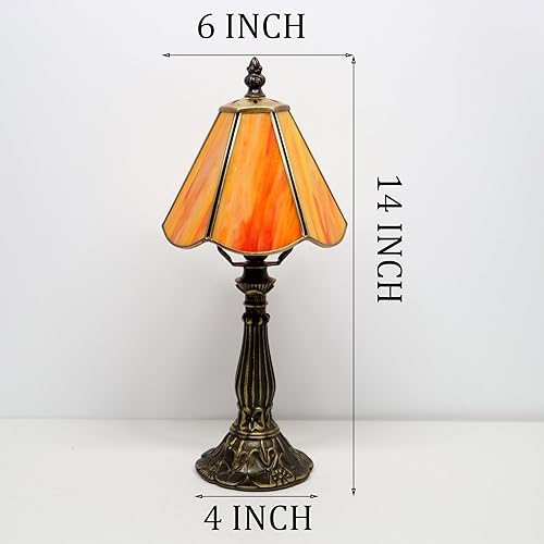 Miniatura 2 de Small Tiffany Table Lamp Orange Stained Glass Desk Lamps 6X6X14 Inch Bronze Resin Base Antique Mini Accent Light
