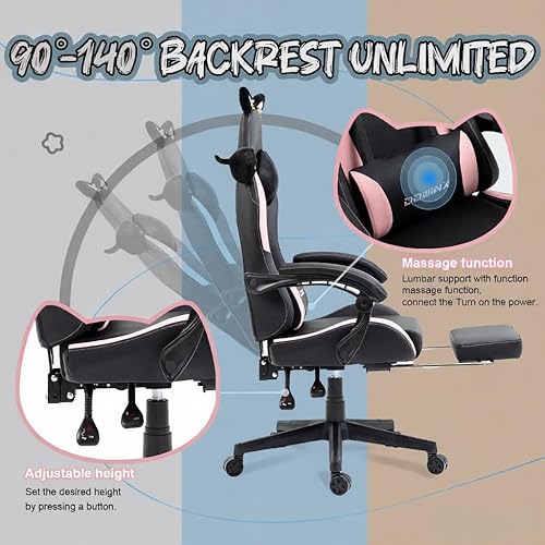 Miniatura 5 de Dowinx Silla de Juego Linda con Orejas de Gato y Soporte Lumbar de Masaje, Silla de Computadora Ergonómica para Niña con Reposapiés y Reposacabezas,