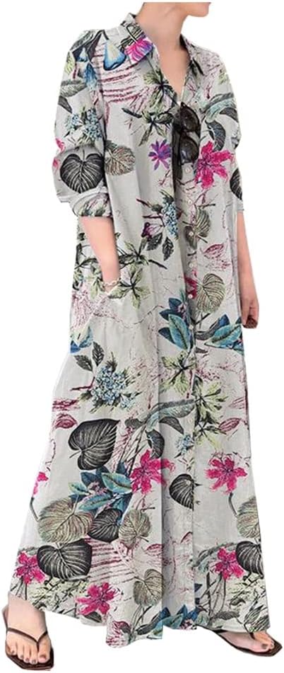 Ladyful Women's Floral Printed Cotton Linen Shirt Dress Button Down Llong Shirtdress Casual Beach Maxi Sundress