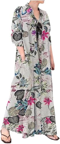 Ladyful Women's Floral Printed Cotton Linen Shirt Dress Button Down Llong Shirtd
