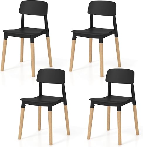NAFORT Juego de 4 sillas de comedor, modernas sillas de cocina negras con patas de madera maciza, respaldo ergonómico, asiento moldeado más ancho,