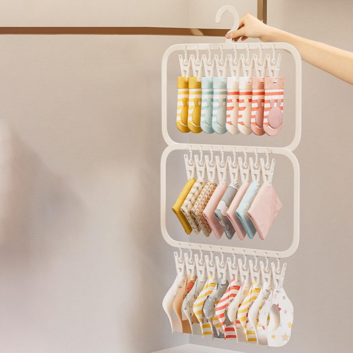 FRCOLOR 2pcs Foldable Plastic Clothes Drying Hangers with 26 Clips for Bras and Underwear, Space-Saving and Easy to Use Socks Drying Rack for Laundry Rooms and Closets