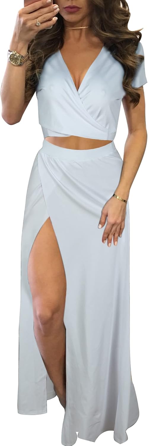 MESLIMA Women Casual 2 Piece Outfits Sexy V Neck Crop Top Boho Floral Print Beach High Split Maxi Dress Sets