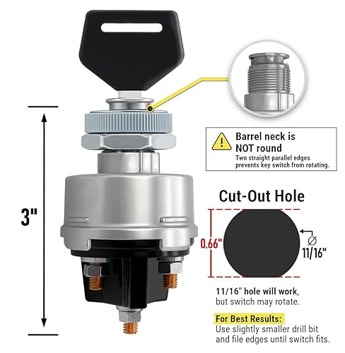 Miniatura 6 de MGI SpeedWare 4-Position Universal Ignition Key Switch for 12V Car, Truck, Tractor, Trailer, Forklift - Acc/Off/IGN/(Start)