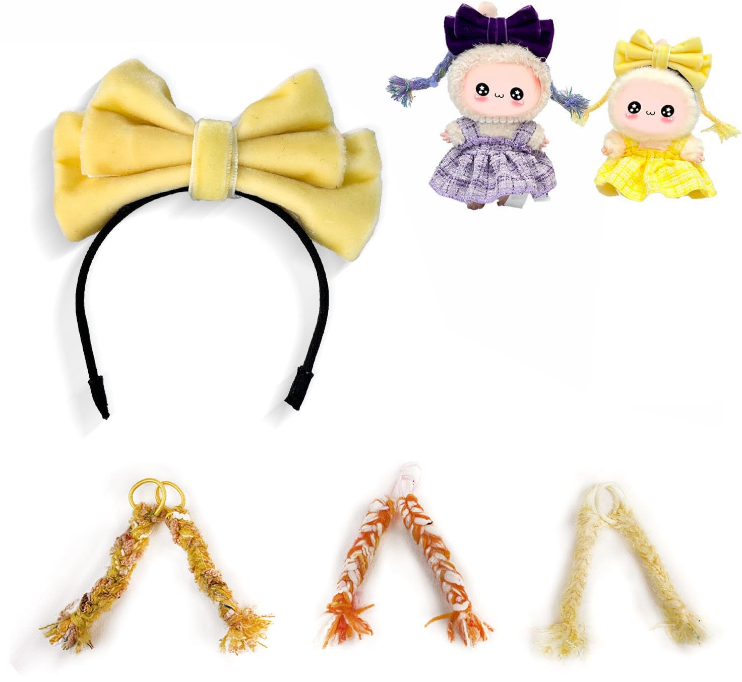 Doll Headwear Set – 1 Bow Headband + 3 Multicolor Braids, Cute Hair Accessories for Plush Dolls, Head Decoration Set for Doll Styling (Doll Not