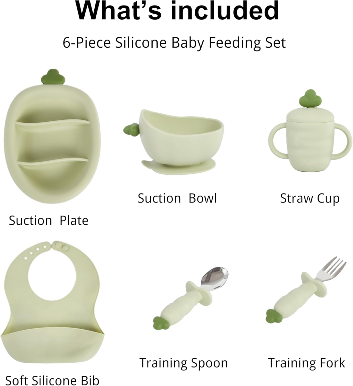 Silicone Baby Feeding Gift Set – Suction Plate, Bowl, Training Cup, Fork, Spoon & Bib (6-Piece) (Matcha Green)