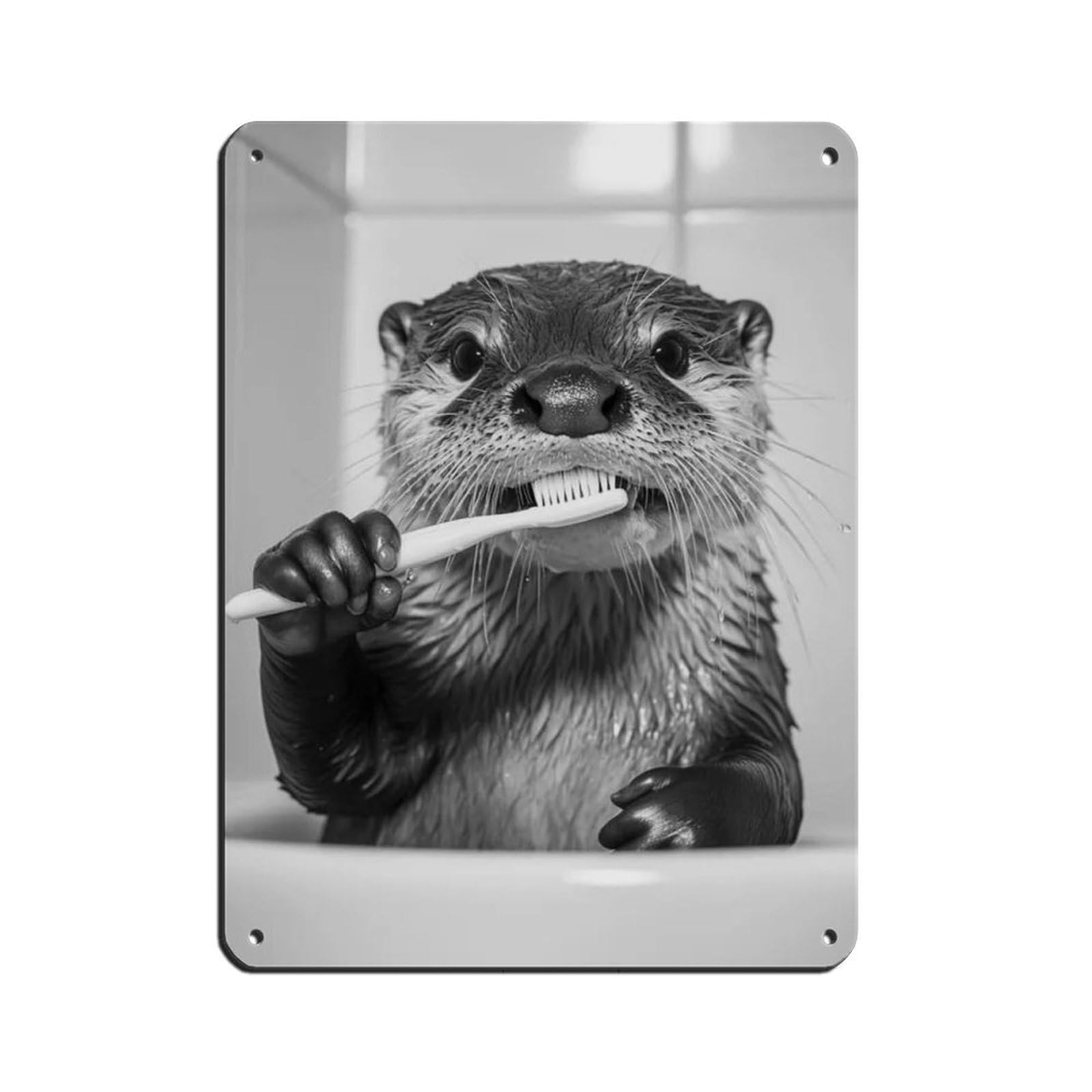 Otter Brushing Teeth, Funny Bathroom Art Tin Sign Vintage Metal Pub Club Cafe Bar Home Wall Art Decoration Poster Retro 12x16inch(30x40cm)
