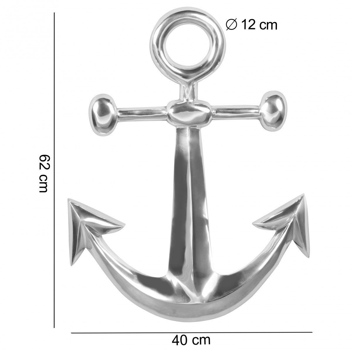 FineBuy Dekoracja Ścienna Kotwica 62x40 cm Aluminium Srebrna, Marynistyczny | marynistyczny dekoracja ścienna z metalu, rzeźba ścienna ręcznie wykonana unikat, do salon, przedpokój i łazienka