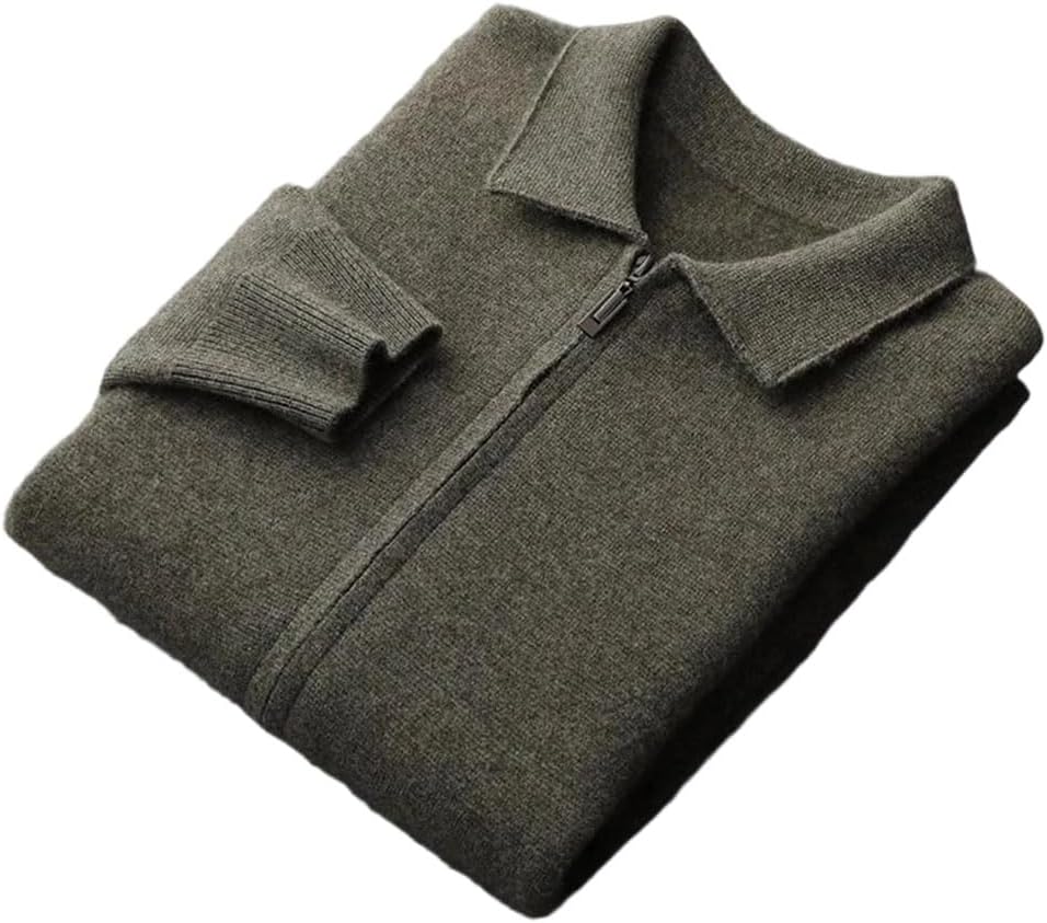 Men's Wool Sweater Long Sleeve Polo Collar Zipper Cardigan Business Casual Thick Jumpers