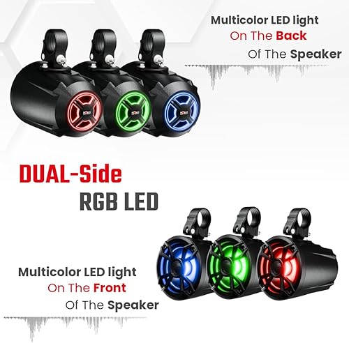 Miniatura 3 de NOAM NUTV5 - Kit de sistema estéreo marino ATV/carrito de golf/UTV, con 2 altavoces de torre de luz LED impermeables, controlador resistente a la