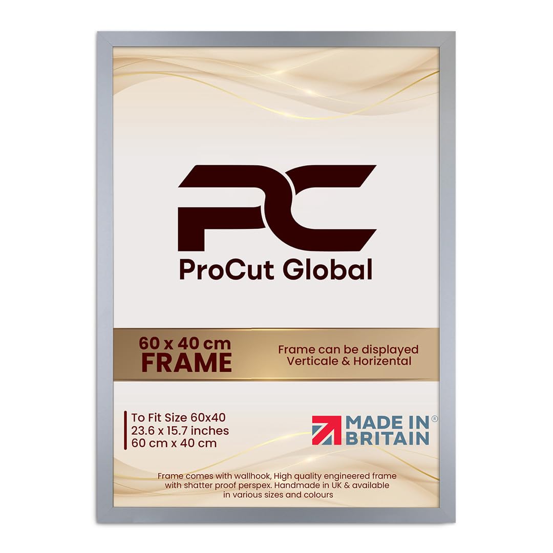 Procut Global 60X40CM Silver Picture Frames - Modern Wooden Photo Frame with Shatterproof Perspex for Wall or Tabletop - Perfect for Posters, Certificates, Prints - Sizes & Colors Available