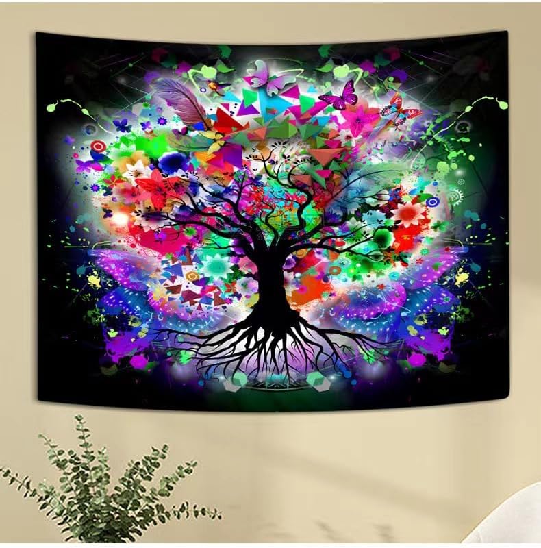 Miniatura 2 de Smacget Tapiz de árbol de la vida con luz negra, plantas reactivas a los rayos UV, pequeños tapices para dormitorio, decoración de pared hippie,