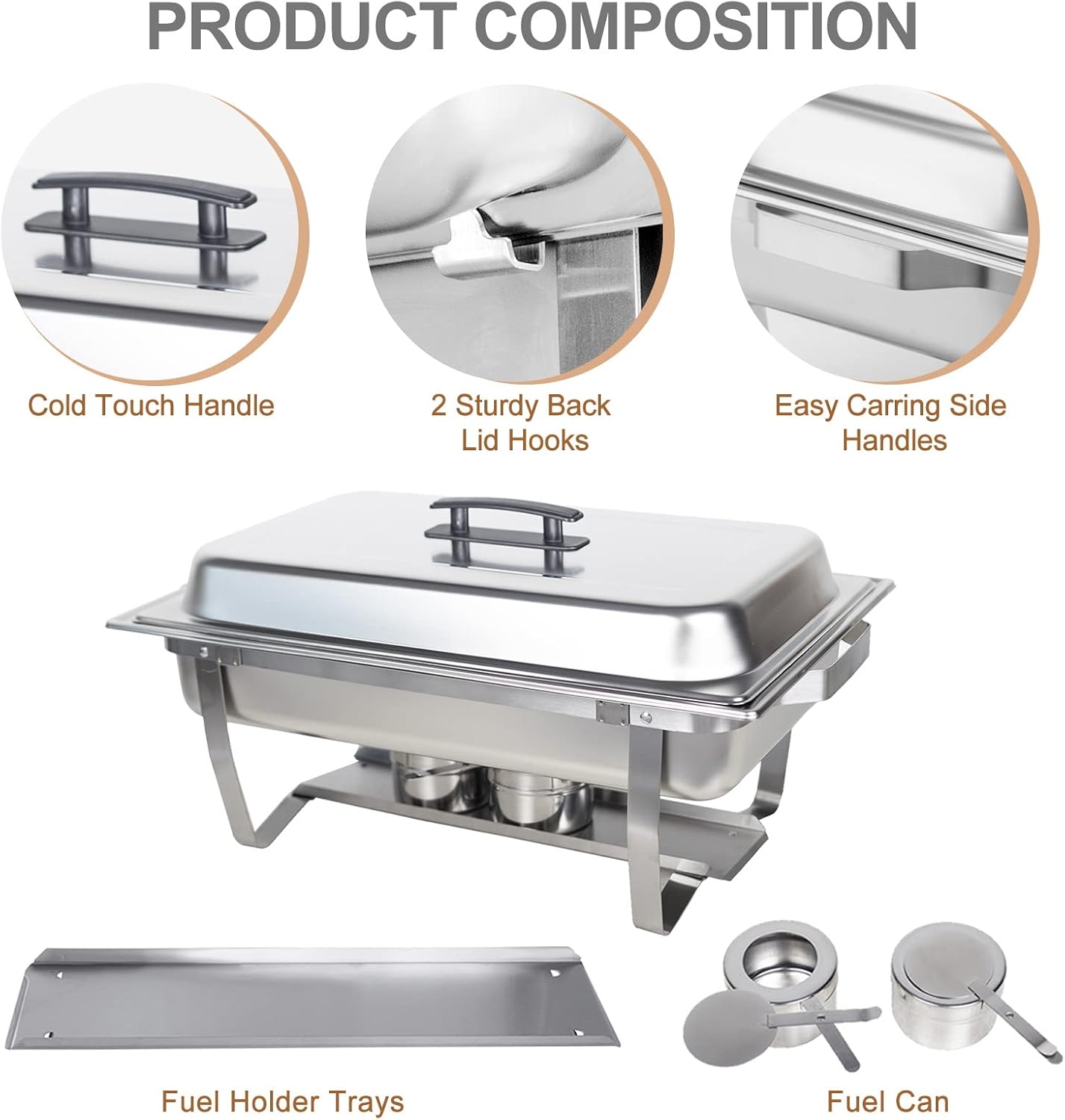 Valgus 4-Pack 8QT Stainless Steel Chafing Dish Buffet Set with 2 Full Size, 2 Half Size, 3 1/3 Size Pans Food Warmers for Parties, Buffets, Wedding, Banquet, Catering Events