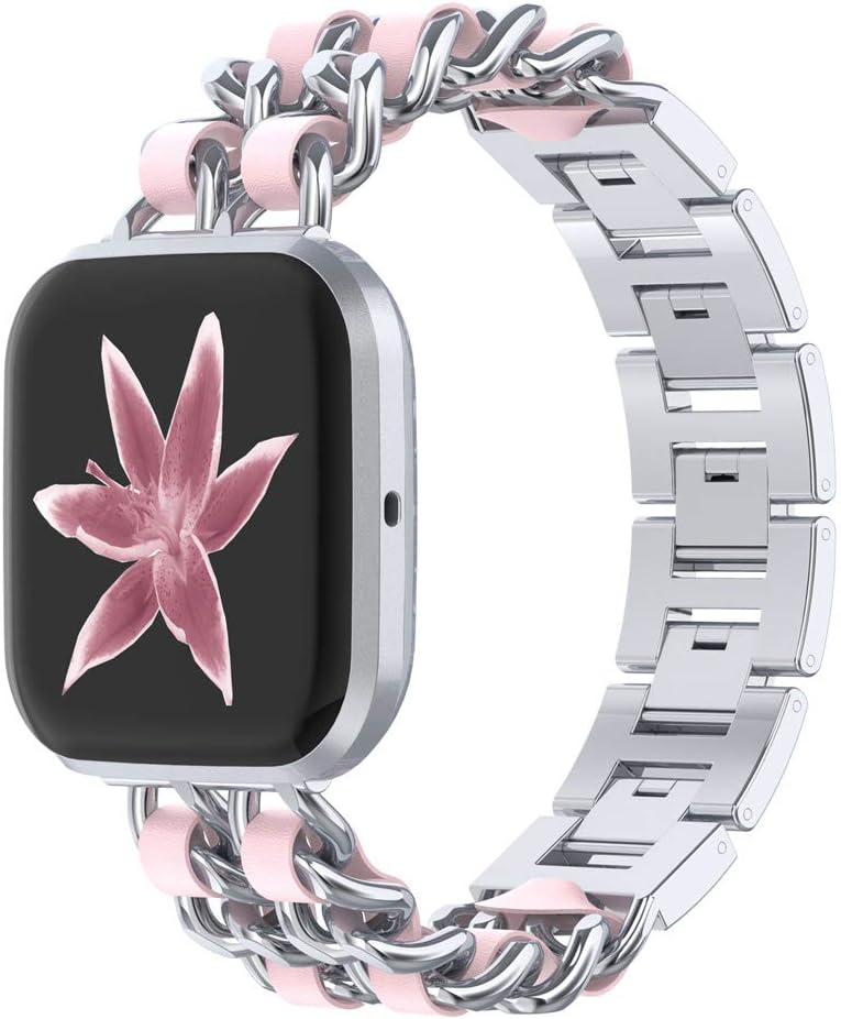 Wearlizer Chain Bands Compatible with Fitbit Versa 2/Fitbit Versa/Versa Lite Bands for Women Girl,Metal Chain Interlaced with Leather Strap Bracelet for Fitbit Versa Dressy Bands(Silver+Pink)