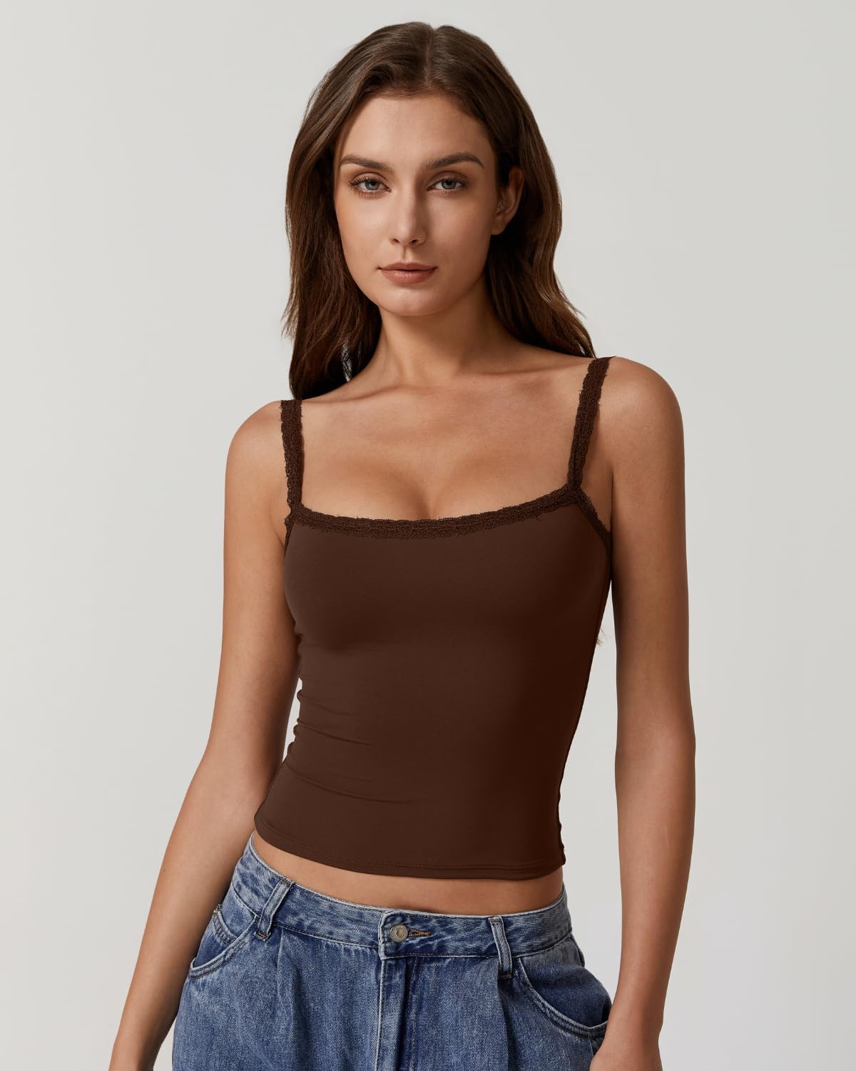 QINSEN Womens Square Neck Lace Trim Tank Top Double Lined Slim Fitted Y2k Going Out Camisole Shirts - Image 5