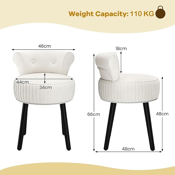 COSTWAY Dressing Table Stool, Upholstered Velvet Vanity Stool Chair Footrest with Rubber Wood Legs and Tufted Low Back, Comfy Accent Makeup Chair Seat Footstool for Bedroom Living Room (Beige)