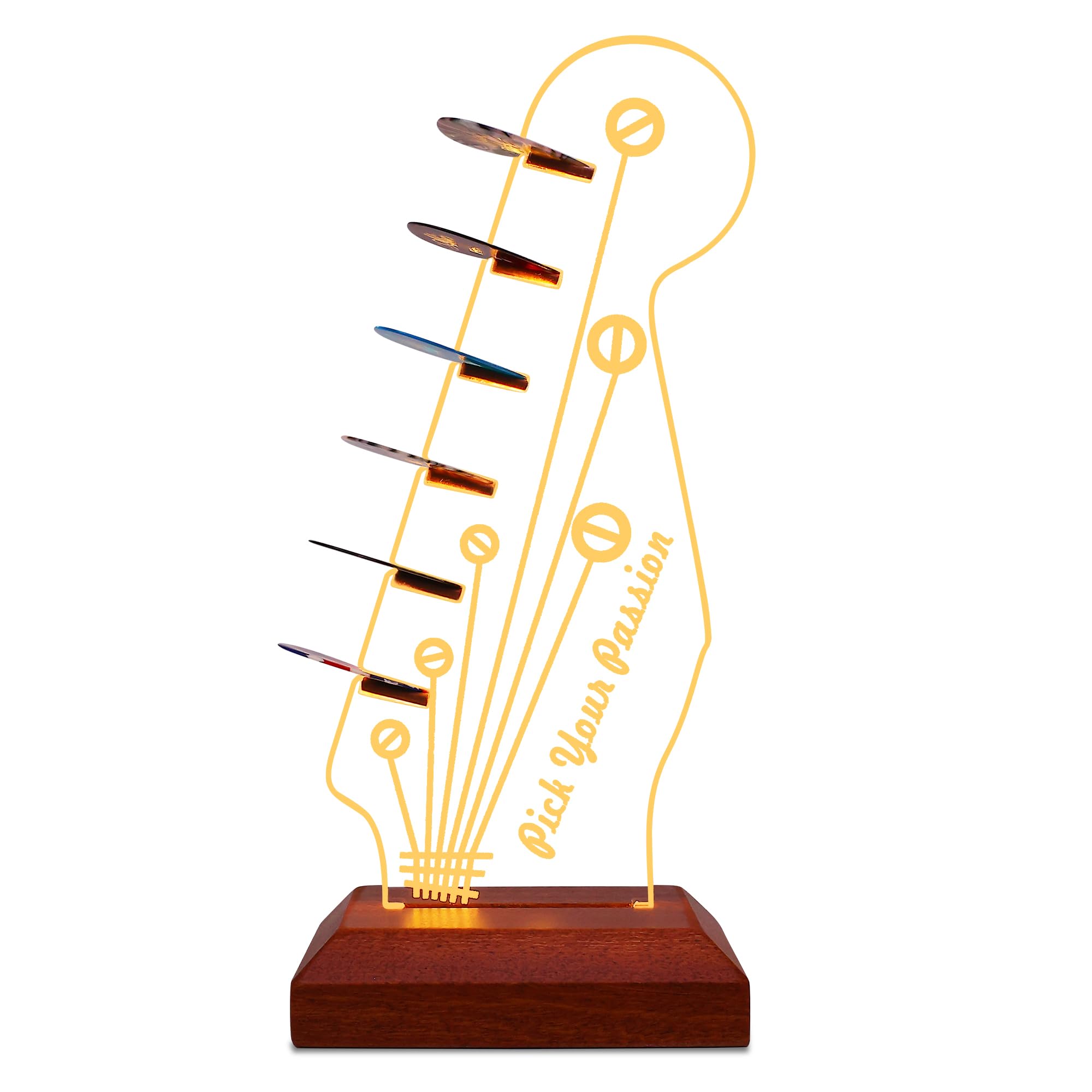 YuanDian LED Headstock Shaped Wooden Acrylic Guitar Pick Holder - USB Powered Pick Storage, Desk Decor, Guitar Gifts