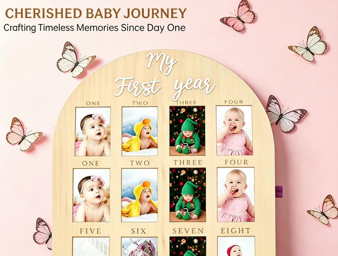 My First Year Photo Frame,wooden 12 month picture frame for baby first year, t 2x3 Inch Picture Holder With Hang Hooks, Desktop Display For Infant 0-12 Months, Birthday Party, Baby Birthday Keepsake Gift