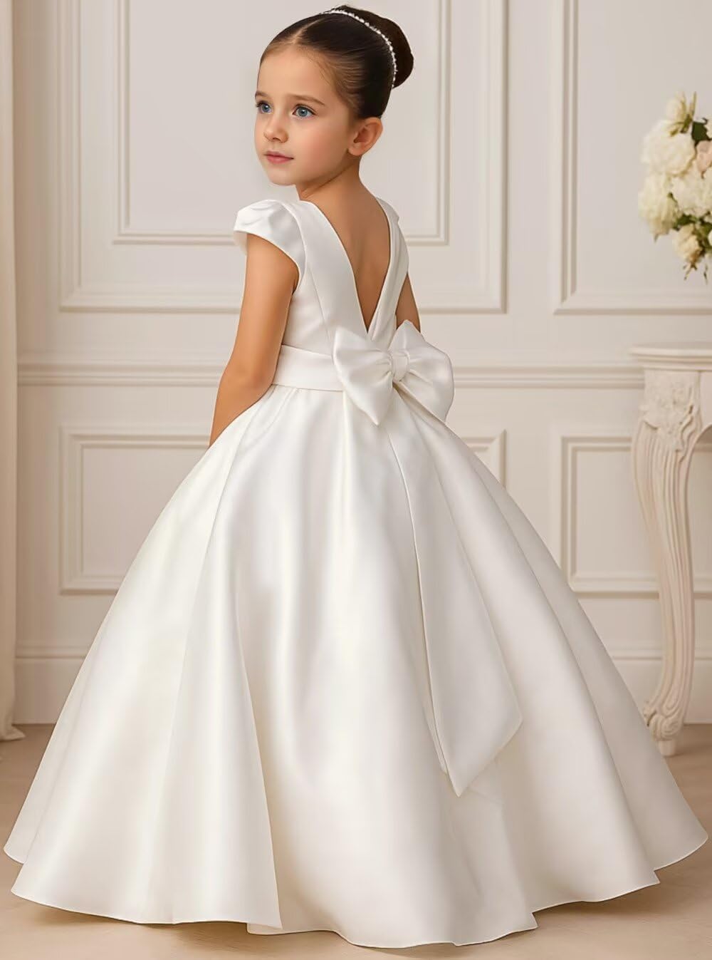 Crew Neck Flower Girl Dresses for Wedding Cap Sleeves Bow-Knot Silk Satin Princess Pageant Dress for Girls