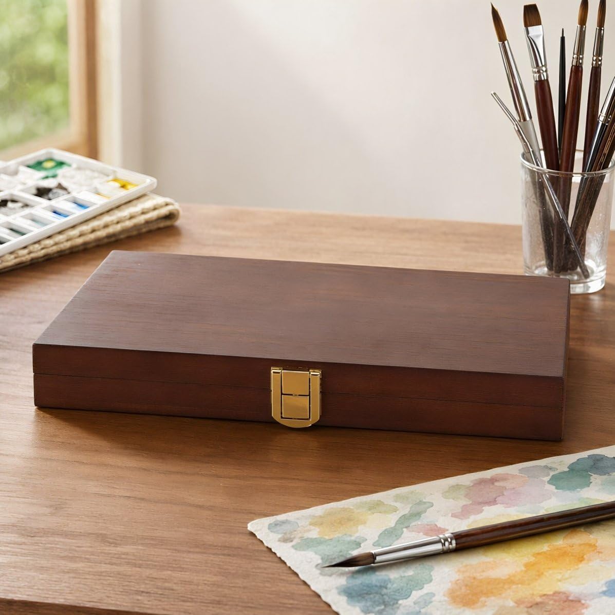 Portable Wooden Paint Palette Box 60 Grids with Lid for Artists