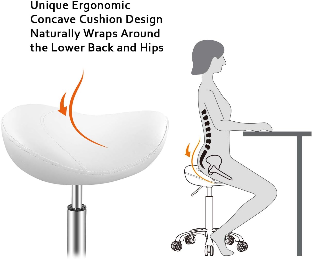 Saddle Stool Rolling Chair Hydraulic Adjustable with Wheels for Office Home Salon Spa Studio (White)