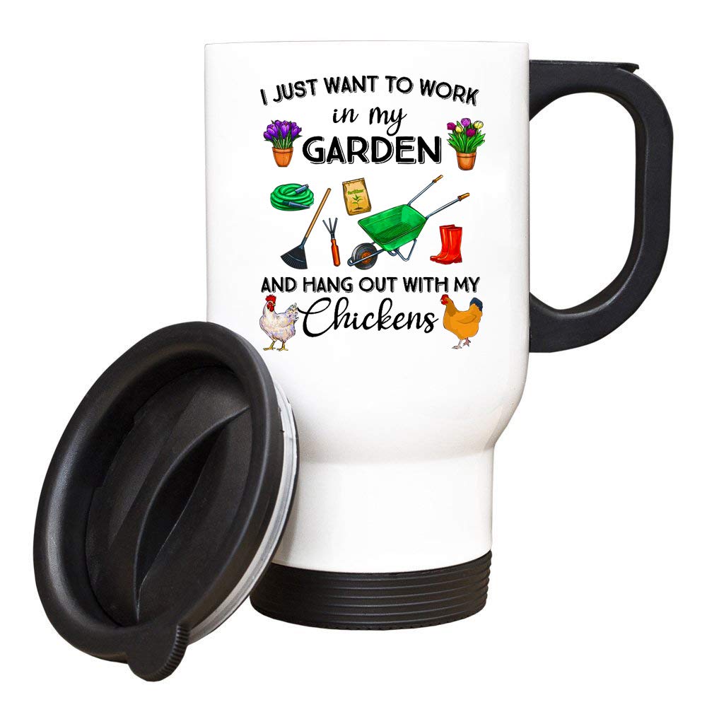 Xmpls Funny Coffee Mug,I Just Want To Work In My Garden And Hangout With Chickens Mug, Best Chickens Gift, Gardener Farmer Cup, Retirement gifts for friends, colleagues, and family，14 oz Mugs