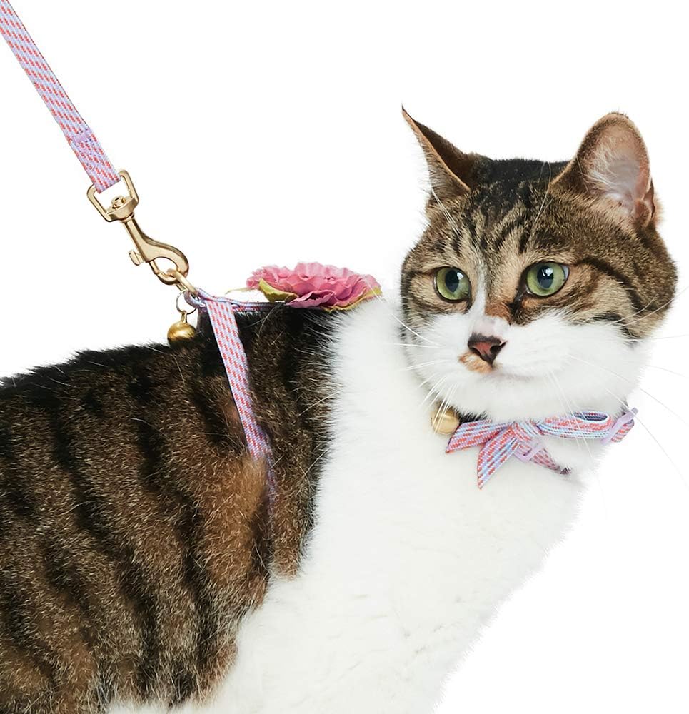Blueberry Pet Diagonal Striped Light Lavender Escape Proof Cat Harness & Leash Set with Bell and Flower