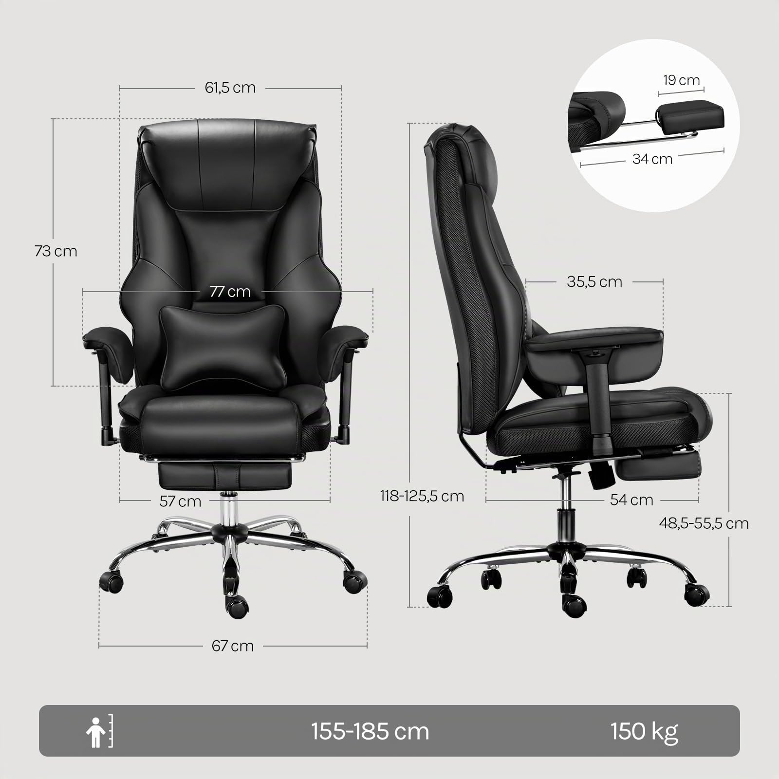 WOLTU Sillón Ejecutivo Ergonómica, Silla Oficina, Asiento PU, Negro | Respaldo Alto y Cojín Soporte Lumbar, Giratoria con Reposapies Retráctil y Función Mecedora, Asiento PU, para Oficina o Casa