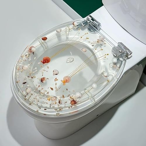 Resin Toilet Seat, Quiet Close Round Toilet Seat, Suitable for U- V- and O-Shaped Toilets 17 Inch - Transparent Flower