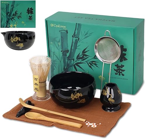 Miniatura 9 de Juego de batidor de matcha, 8 piezas de oro de flor de ciruelo para ceremonia de té japonesa, cuenco de cerámica con boquilla, batidor de bambú