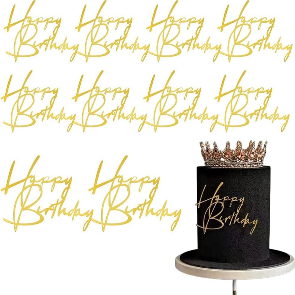 Photo 1 of 10pcs Side Happy Birthday Cake Topper Gold Acrylic Birthday Cupcake Topper for Kids Birthday Party Cake Decorations (A)
