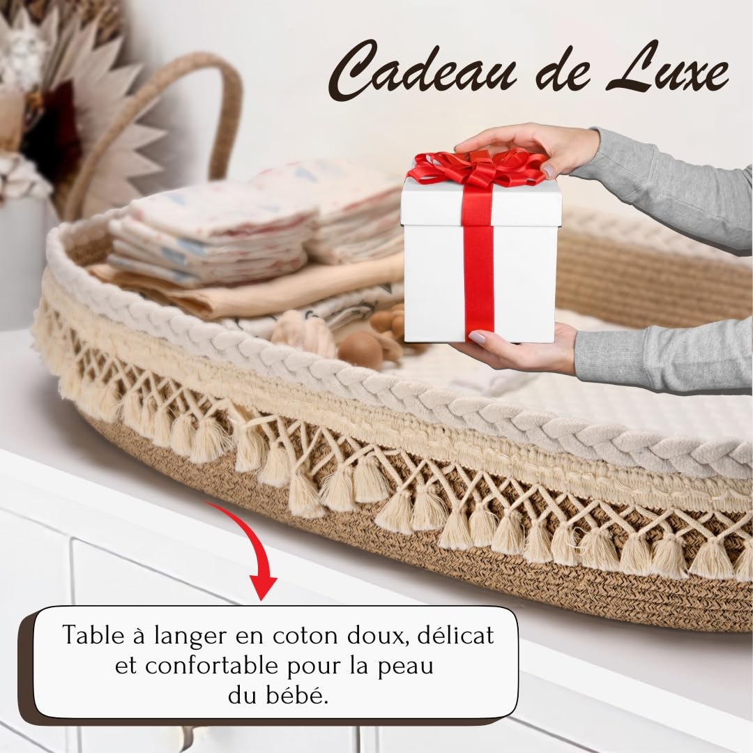 SEBRAM Panier à Langer Bébé – Matelas à Langer Portable et Imperméable, Panier de Change Tissé, Style Bohème Chic pour Table à Langer et Commode (Beige)