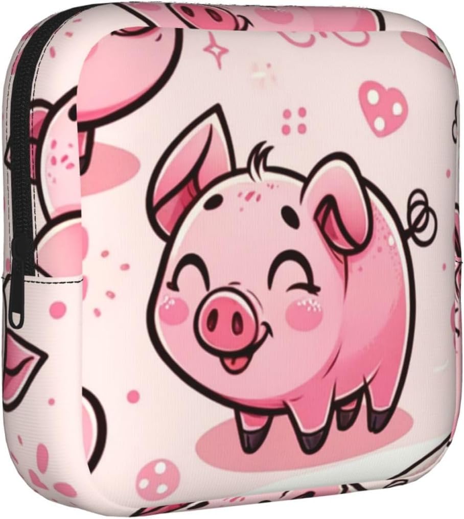 Adorable-Pig Portable Period Pad Pouch for Women, Sanitary Napkin Storage Bag with Zipper for Outdoor Use