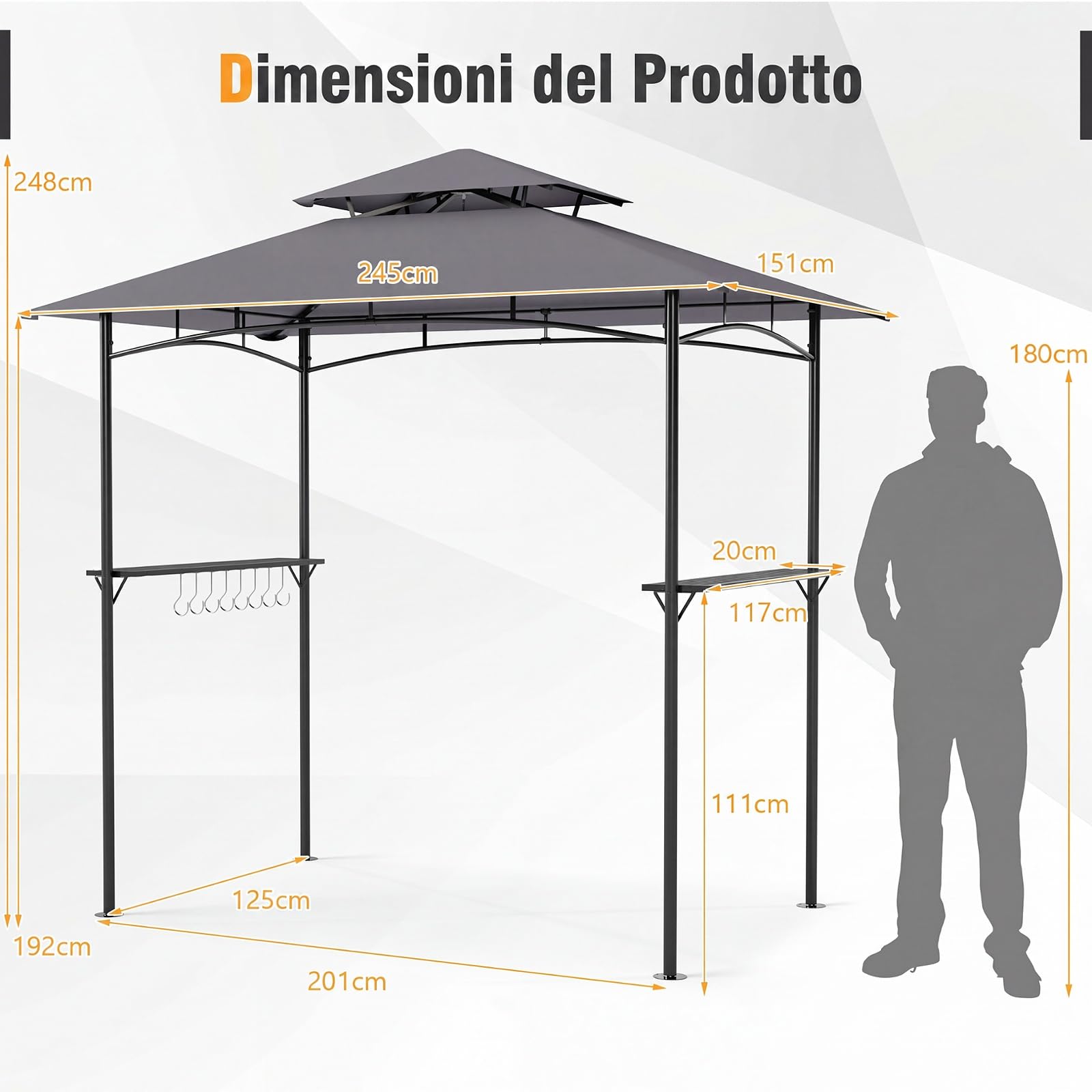 COSTWAY Gazebo Esterno Resistente con Tettoia a Due Livelli, Gazebo per Barbecue con 2 Tavoli da Bar in Metallo e 8 Ganci Laterali, Pergolato da Giardino per BBQ, Feste e Picnic, 245 x 151 x 192 cm