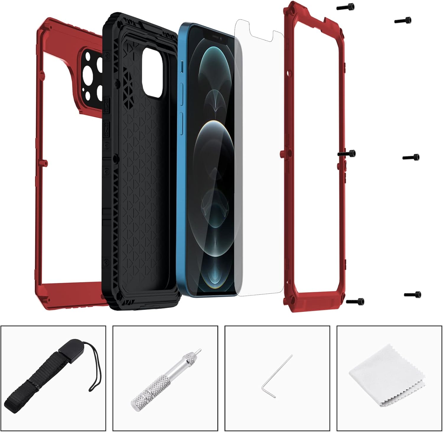 Mitywah Waterproof Case for iPhone 12 Pro, Heavy Duty Shockproof Case with Built-in Screen Protector, Full Body Underwater Protective Metal Case 6.1 inch, Red