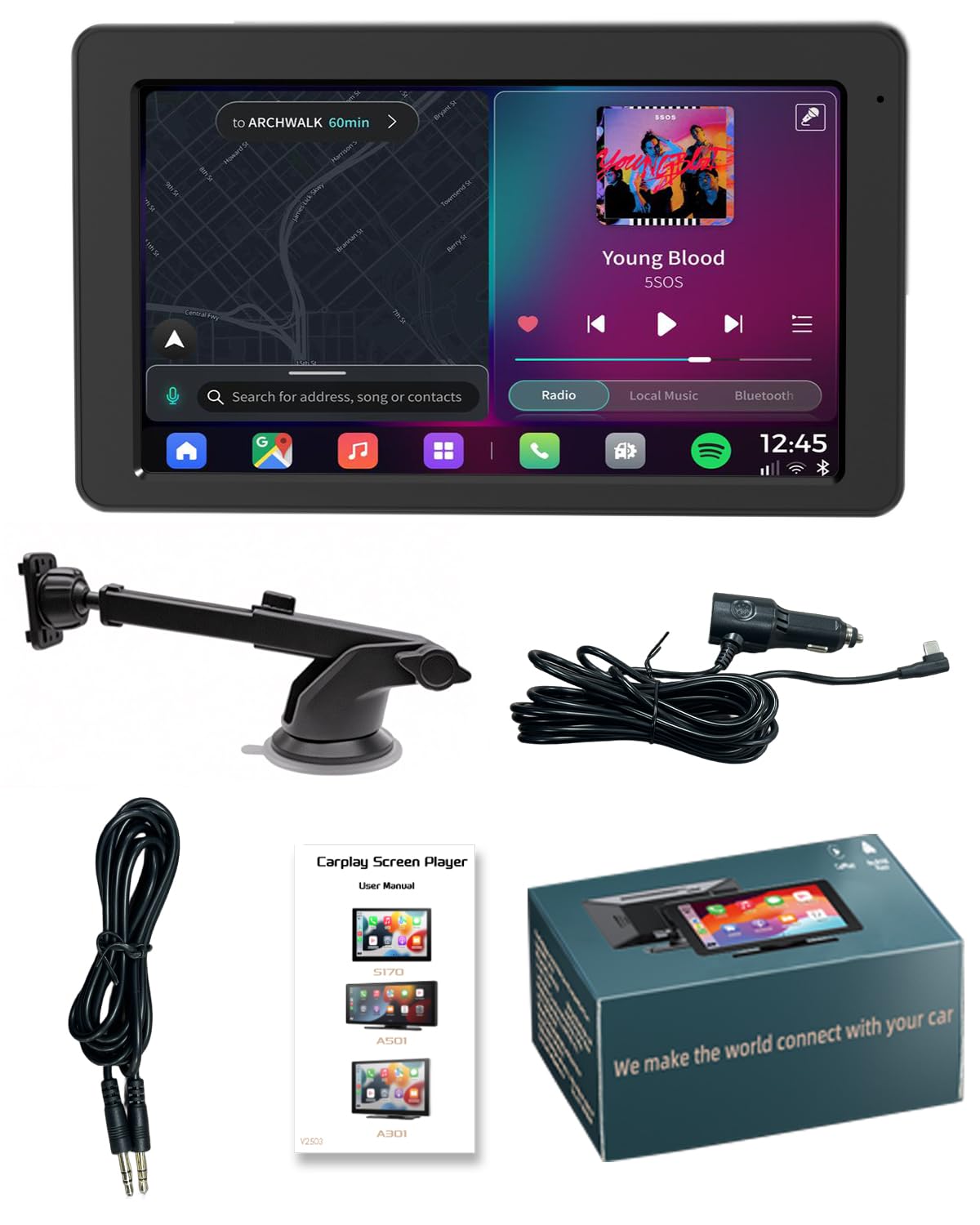 Carplay Auto, 7" Android Auto Wireless, Autoradio Bluetooth con Schermo con Navigazione GPS, Bluetooth 5.2, Controllo Vocale a Mani Libere, Mirror Link, Facile Installazione