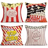Doitely Set of 4 Popcorn Series Throw Pillow Covers with Buttery Fresh Delicious Popcorn Throw Pillow Case 18x18 Inch Movie Theater Cinema Personalized Home Decor Cushion Cover for Sofa