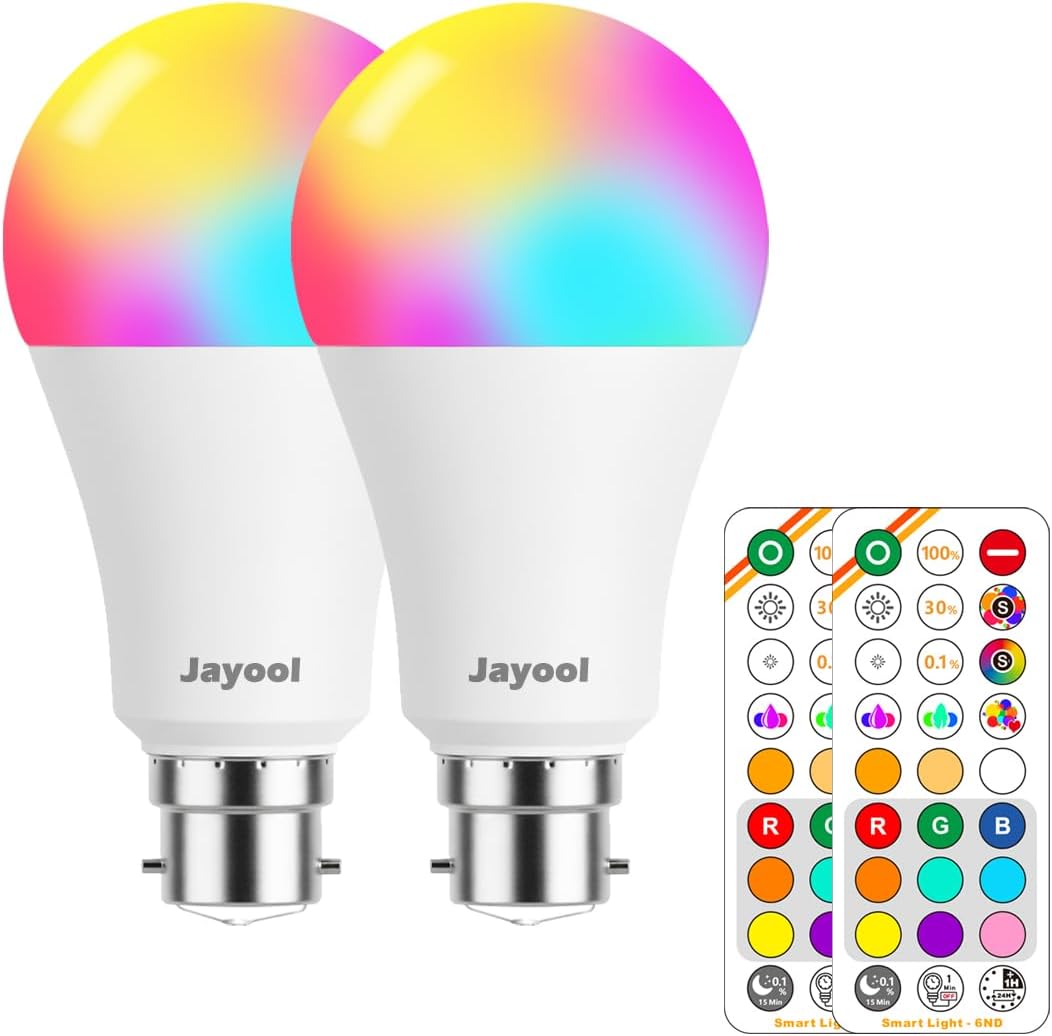 12W B22 LED Colour Changing Light Bulb, Bayonet Warm White to Cool White Dimmable, RGB Coloured with Remote Control, Sleeping Mode, Timing(2 Pack)