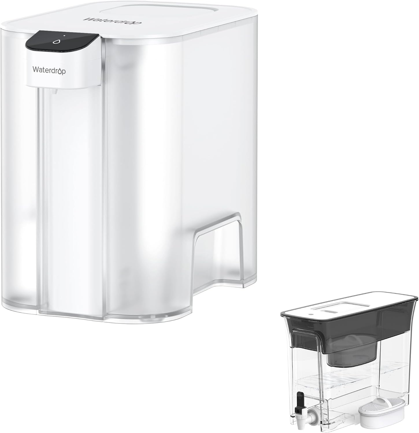 Waterdrop Mega Electric Water Filter Pitcher, Dispenser, 27-Cup, White, with 1 Filter & Waterdrop Slim Water Filter Dispenser for Fridge, Large Capacity, 35-Cup, Black (with 1 Filter)