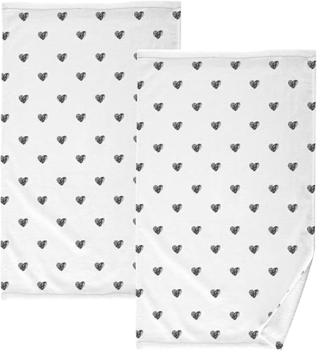 Juego de toallas de 2 piezas de algodón toalla de mano de amor corazones lindos día de San Valentín cumpleaños negro blanco cuerpo dedo toalla