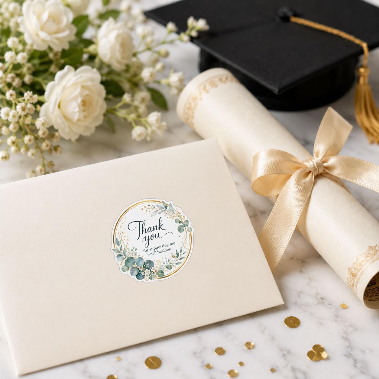 120Pcs-2in Thank You for Supporting My Small Business Stickers, Thank You Stickers Round Vinyl Waterproof for Packaging, Envelopes, Gifts, Small Business Labels, Floral Eucalyptus Gold Frame