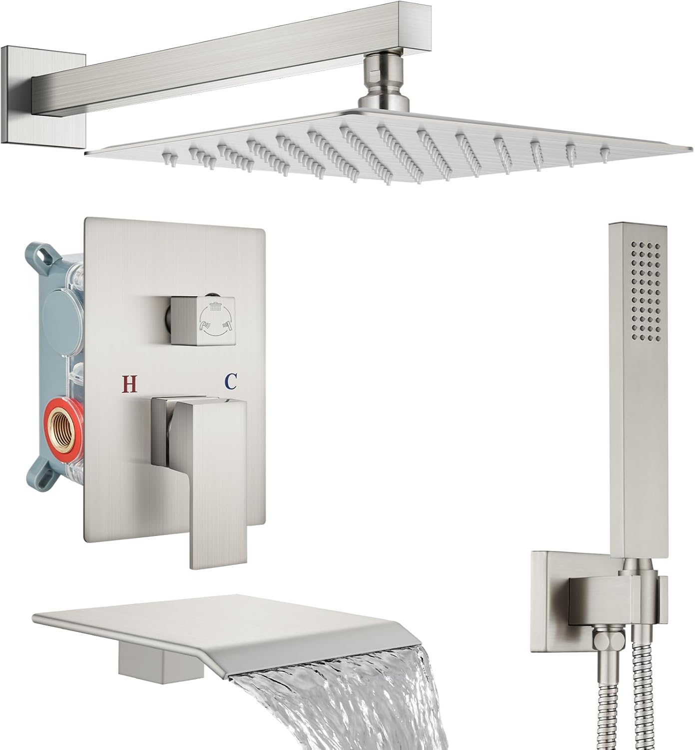 Midanya Shower System with Tub Spout,Bathtub Shower Faucet Set with Square Rainfall Head and Handheld Sprayer Wall Mount Tub Faucet Set with Valve and Trim Kit,10 Inch Brushed Nickel
