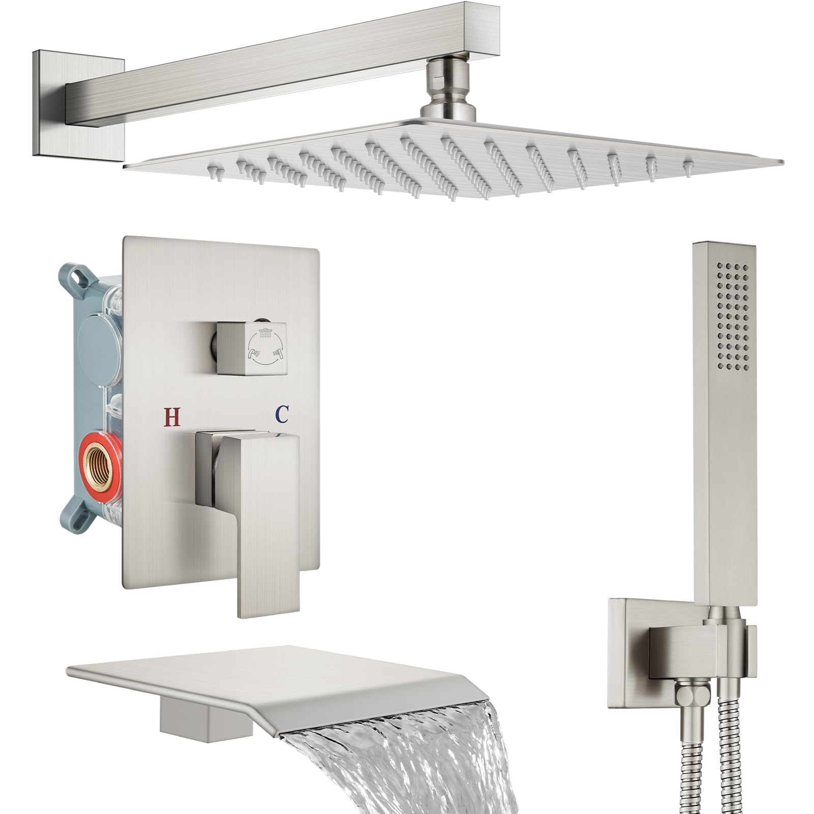 Midanya Regenduschsystem – Quadratischer Duschkopf 30,5 Cm, Handbrause, Wasserfall-Wannenauslauf, Gebürstetes Nickel