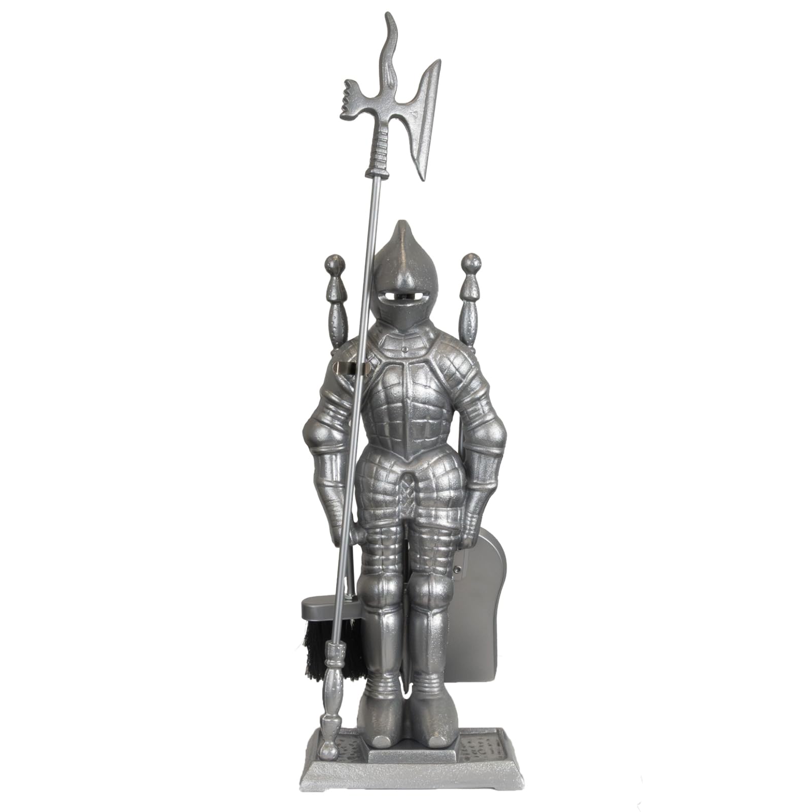 TRUTZHOLM Kamingarnitur Kaminbesteck Ritter Kaminset Ofenbesteck schwarz oder silber 4-tlg Schaufel, Besen, 1x Schürhaken, 1x Hellebarde Gusseisen (Silber)