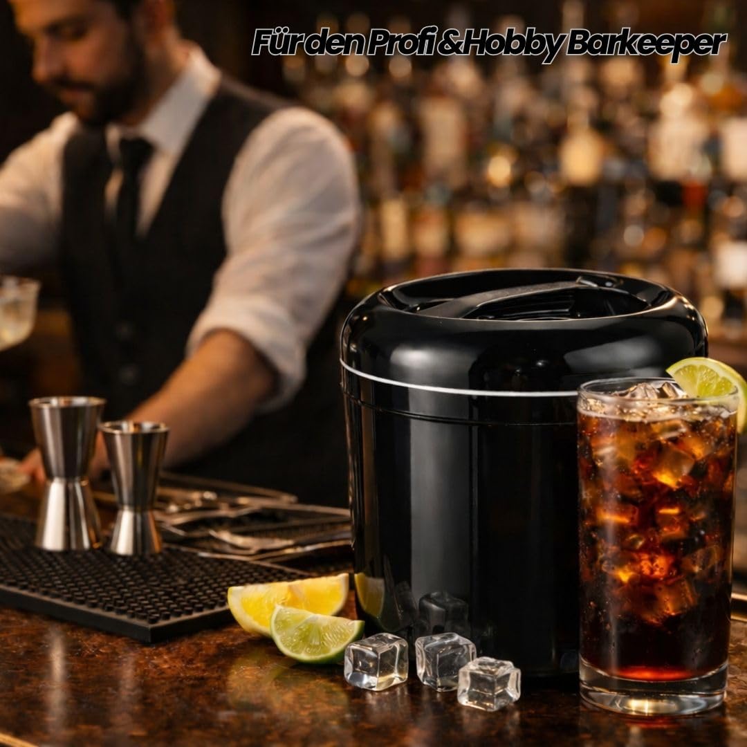 Eiswürfelbehälter 4 Liter mit Deckel – Doppelwandiger Eiskübel Schwarz inkl. gelochtem Einsatz – Isolierte 4 Liter Eisbox für Bar & Party – Robuster Ice Bucket & Eiskühler