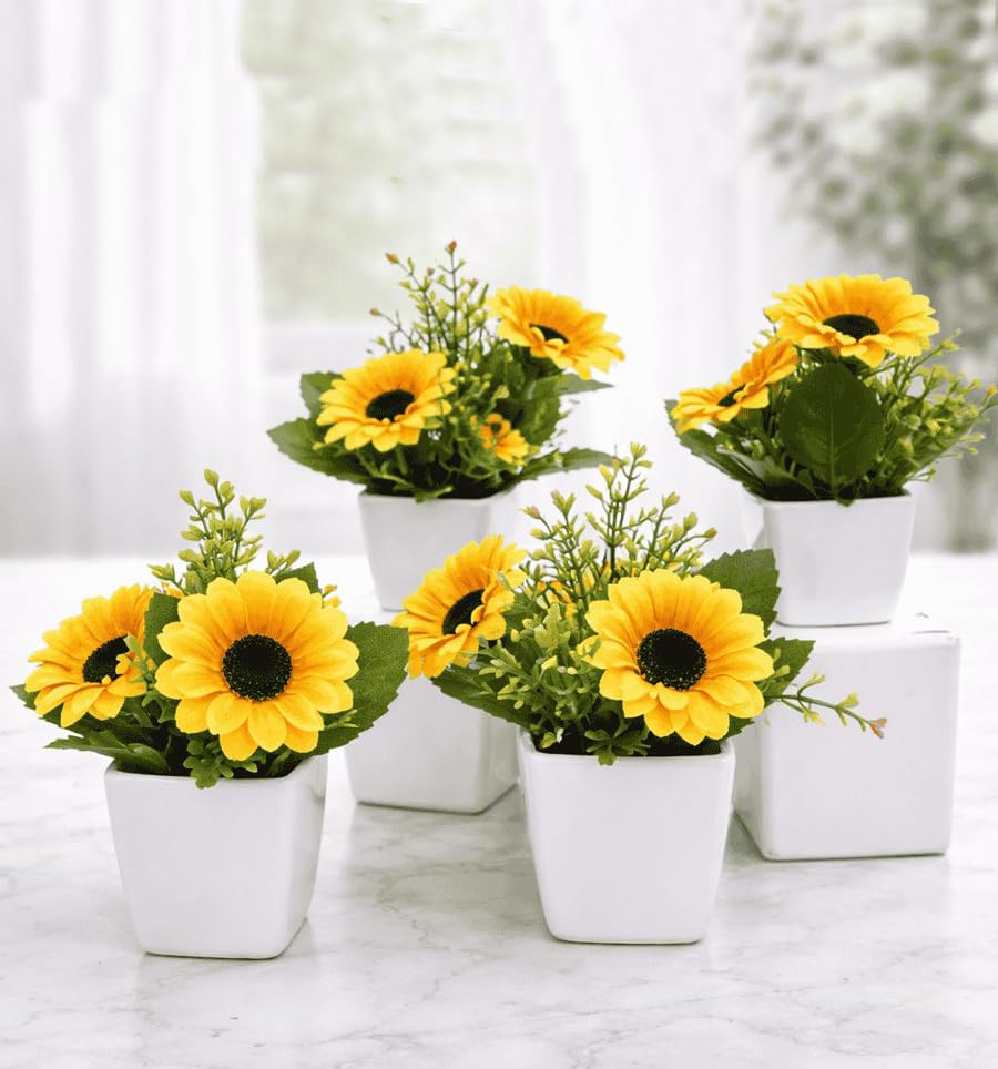 Image of Artificial Sunflower Bonsai, Fake Flower Pot (Pack of 4) Artificial Plant for Home Decor & Office Decor, Indoor Plant, Faux Plants for Balcony Decoratin & Living Room Decoration, Gift Item