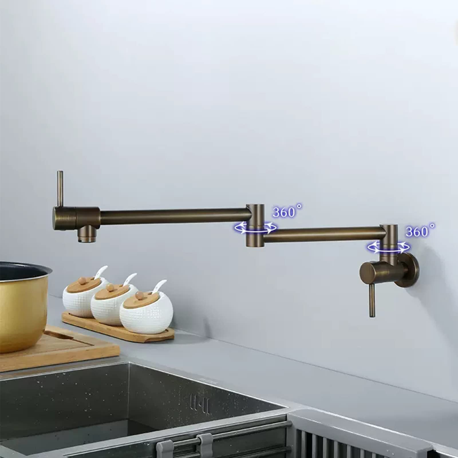 Grifo de latón antiguo para llenado de ollas, montaje en pared, doble articulación, brazo oscilante, grifos de cocina plegables con un solo agujero, 2 asas